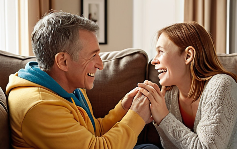 **
A supportive scene of parents lovingly encouraging their child after they've accomplished a small goal. Focus on conveying unconditional love, acceptance, and active listening. The environment should be warm and nurturing, perhaps in a brightly lit, cozy living room. The facial expressions are key – genuine pride and affection.
**