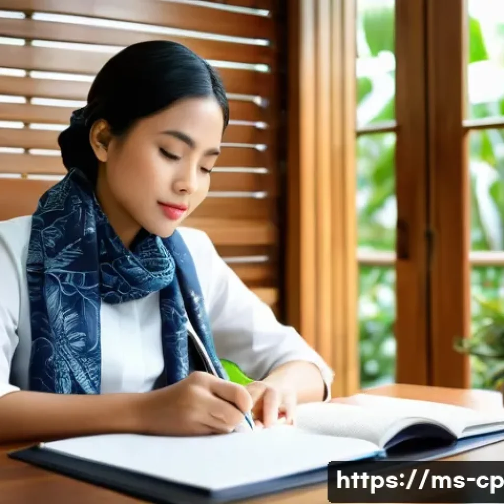 자기 객관화의 실용적 방법론 - A serene Malaysian office environment showing a young professional woman sitting at her desk with a ...