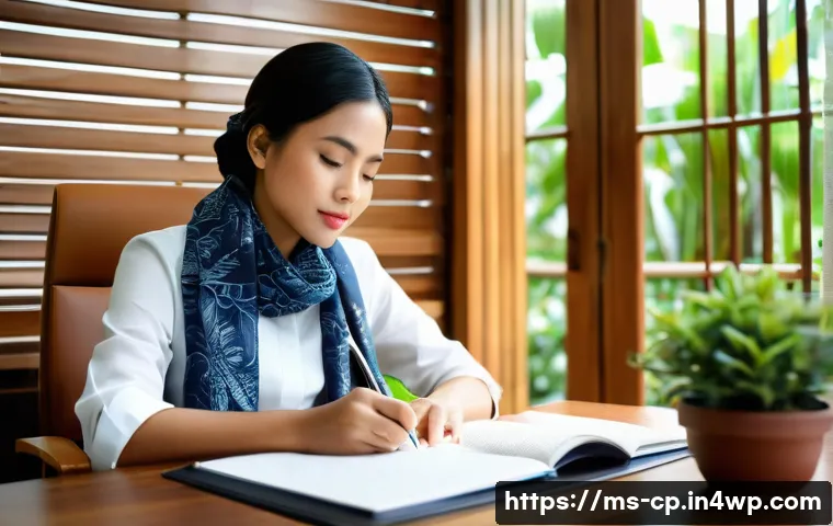 자기 객관화의 실용적 방법론 - A serene Malaysian office environment showing a young professional woman sitting at her desk with a ...