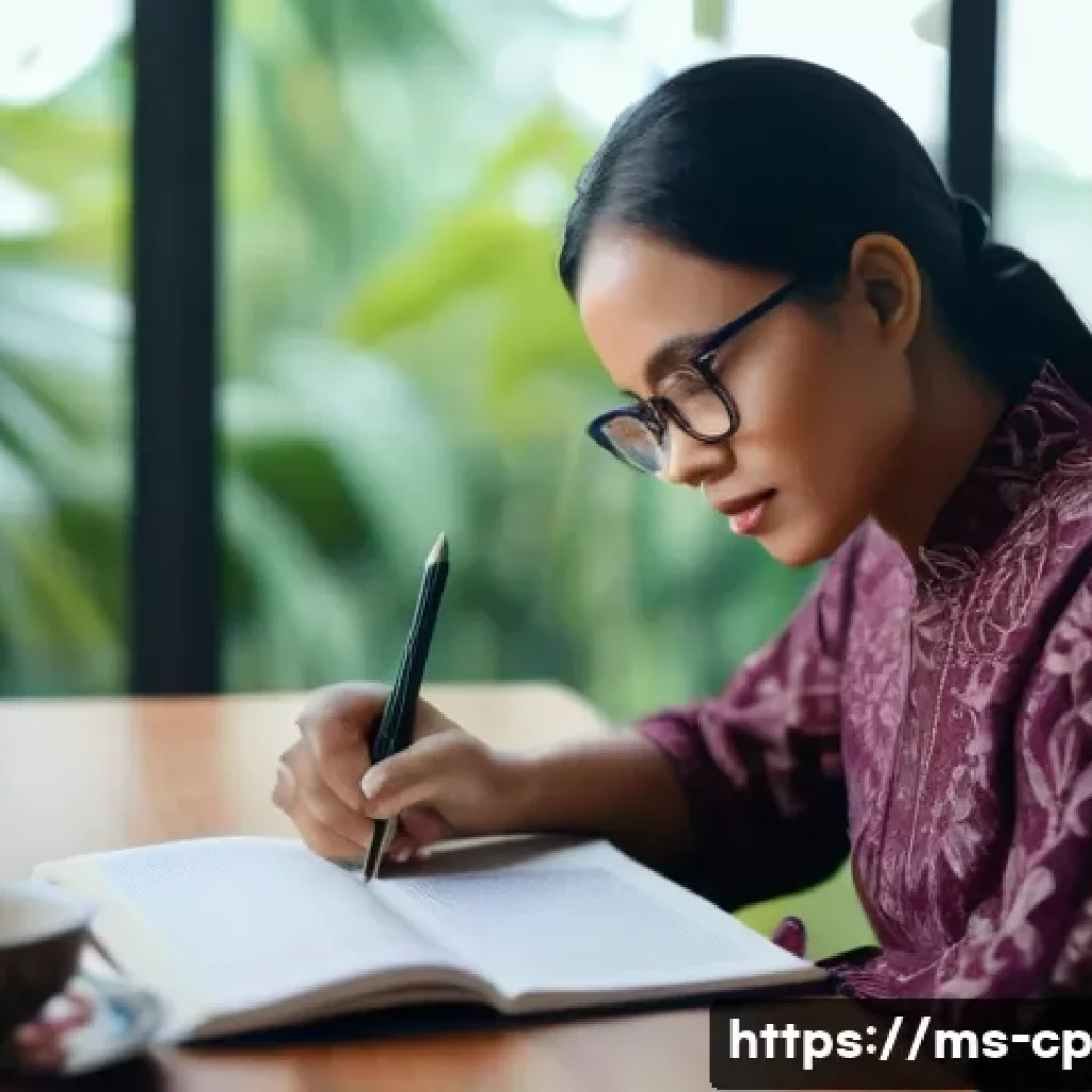 자기 객관화와 인간의 인지적 한계 - A thoughtful Malay adult woman sitting at a modern desk in a cozy home office, reflecting deeply whi...