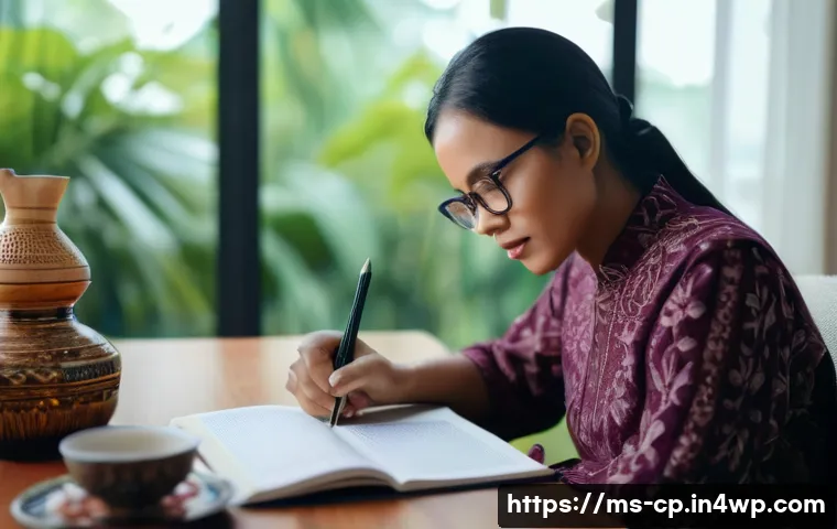 자기 객관화와 인간의 인지적 한계 - A thoughtful Malay adult woman sitting at a modern desk in a cozy home office, reflecting deeply whi...