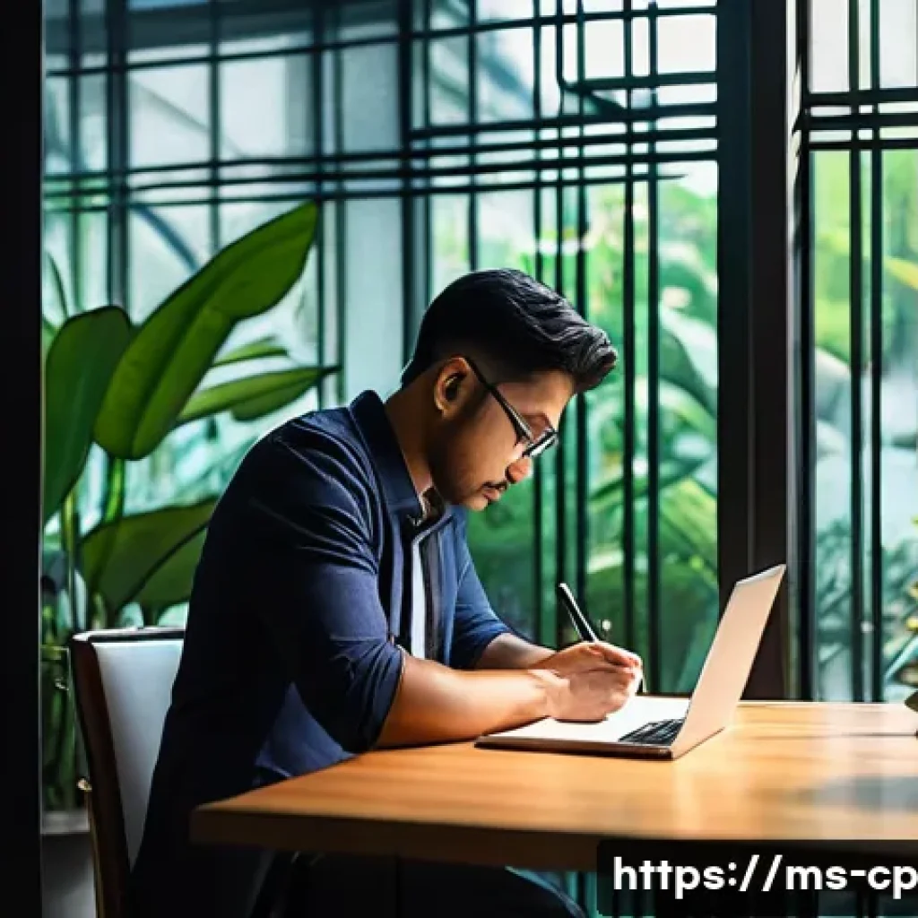 자기 객관화의 과정과 결과 - A professional Malay man sitting at a modern workspace in Kuala Lumpur, thoughtfully writing in a jo...
