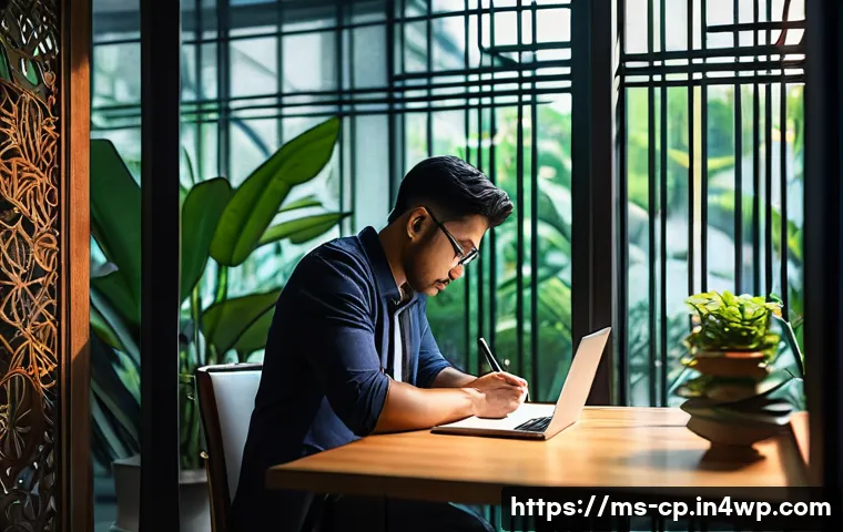 자기 객관화의 과정과 결과 - A professional Malay man sitting at a modern workspace in Kuala Lumpur, thoughtfully writing in a jo...