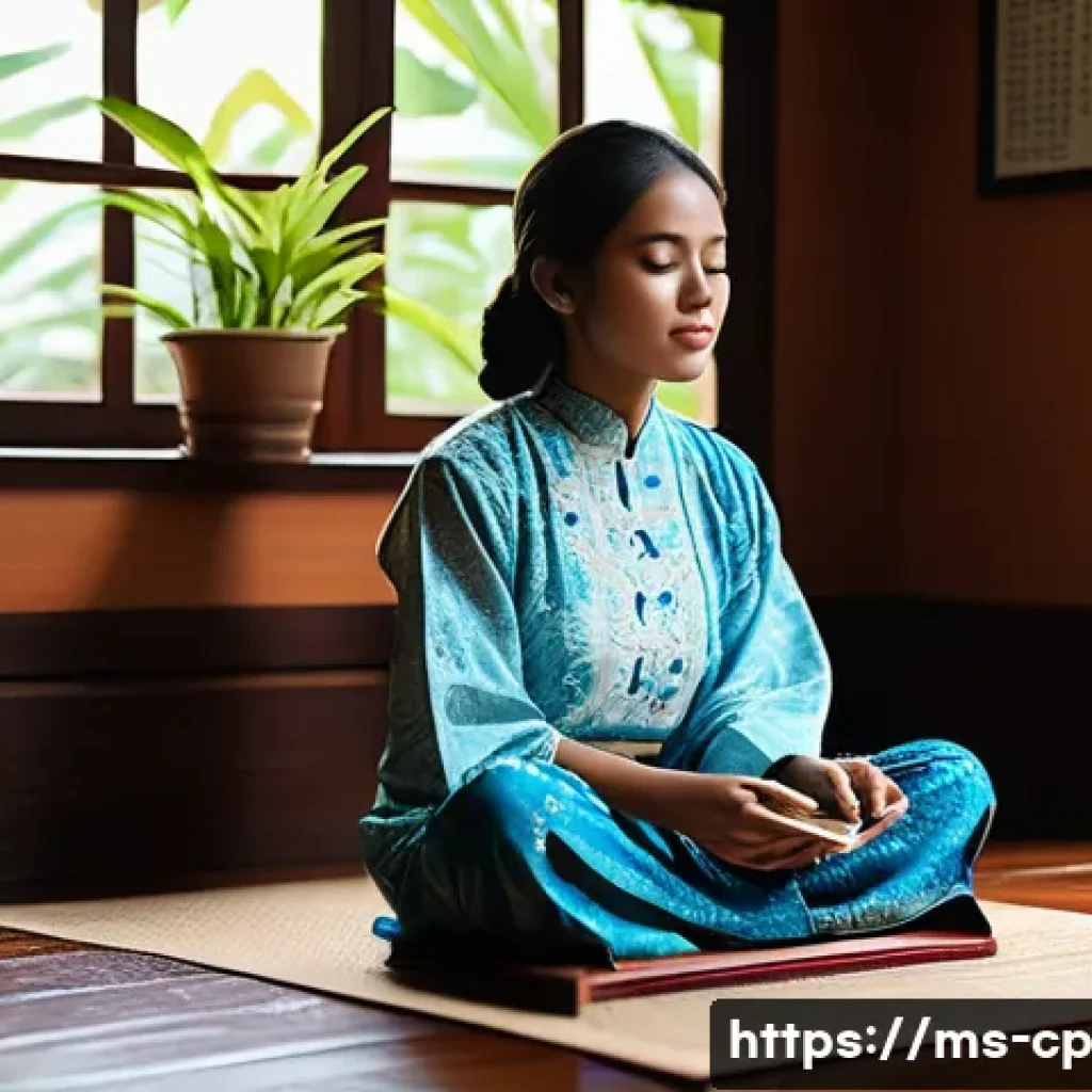 자기 객관화 및 대화 기술 향상 - A serene scene of a young Malay woman sitting cross-legged on a wooden floor in a traditional Malays...