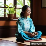 Home 22 자기 객관화 및 대화 기술 향상 - A serene scene of a young Malay woman sitting cross-legged on a wooden floor in a traditional Malays...