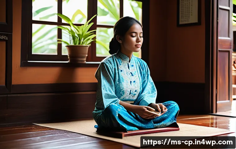 자기 객관화 및 대화 기술 향상 - A serene scene of a young Malay woman sitting cross-legged on a wooden floor in a traditional Malays...