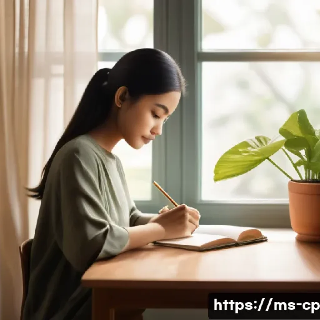 자기 객관화와 심리적 회복탄력성 - A serene and cozy home office scene featuring a young Malay adult woman sitting at a wooden desk, wr...