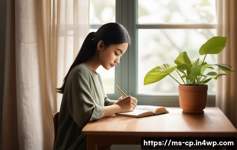 자기 객관화와 심리적 회복탄력성 - A serene and cozy home office scene featuring a young Malay adult woman sitting at a wooden desk, wr...