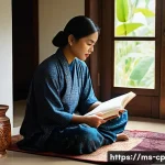 Home 20 자기 객관화와 개인적 변화의 과정 - A serene Malay woman in her late 30s sitting cross-legged on a traditional woven mat inside a cozy h...
