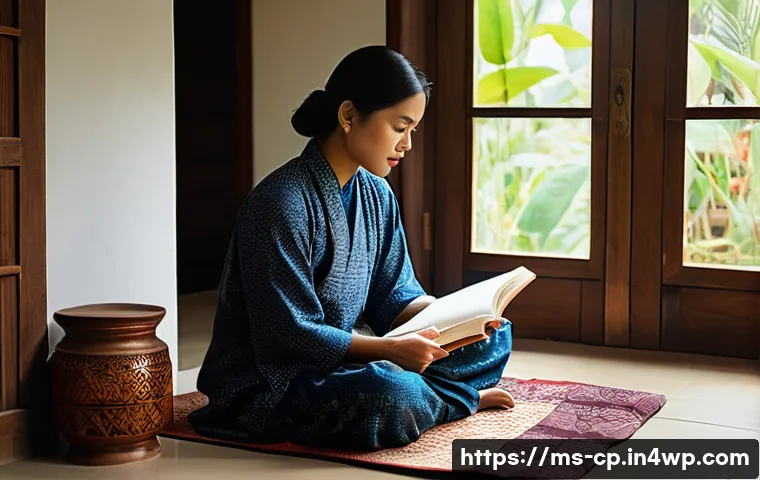 자기 객관화와 개인적 변화의 과정 - A serene Malay woman in her late 30s sitting cross-legged on a traditional woven mat inside a cozy h...