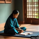 Home 18 자기 객관화의 편견 극복 기법 - A serene scene of a young Malay woman sitting cross-legged on a traditional woven mat in a cozy, sof...