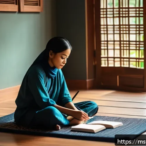 Home 30 자기 객관화의 편견 극복 기법 - A serene scene of a young Malay woman sitting cross-legged on a traditional woven mat in a cozy, sof...