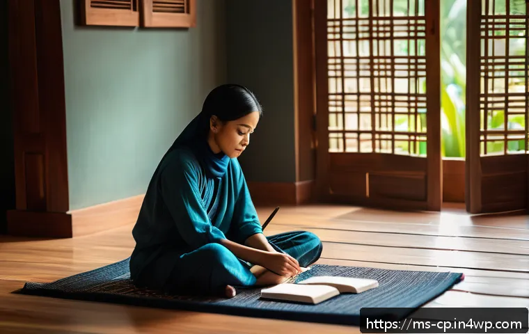 자기 객관화의 편견 극복 기법 - A serene scene of a young Malay woman sitting cross-legged on a traditional woven mat in a cozy, sof...