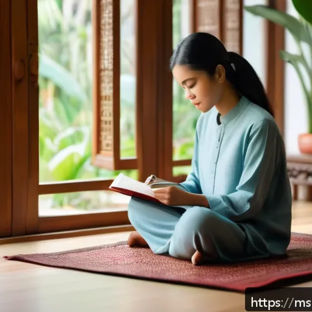 자기 객관화의 이론과 실제 - A serene morning scene in a cozy Malaysian home, featuring a young Malay woman sitting cross-legged ...