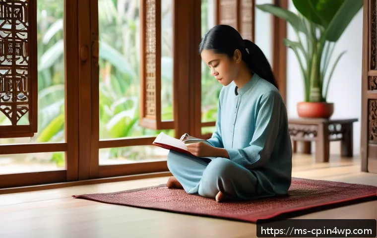 자기 객관화의 이론과 실제 - A serene morning scene in a cozy Malaysian home, featuring a young Malay woman sitting cross-legged ...