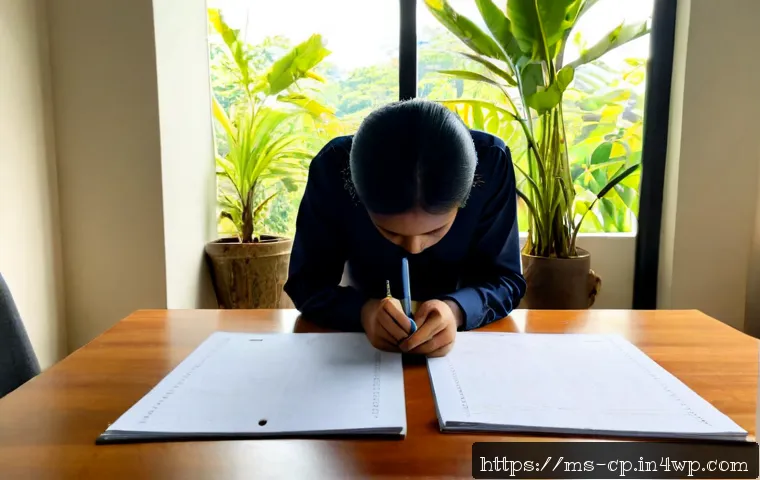 자기 객관화의 실천적 기법 - Photorealistic Malaysian professional practicing self-reflection at a clean home desk, calmly compar...