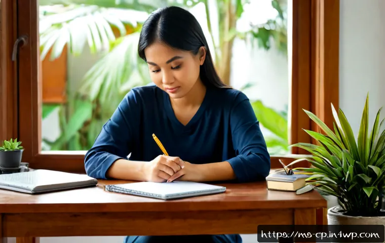Home 15 자기 객관화 능력을 높이는 질문 리스트 - Photorealistic lifestyle scene of a thoughtful Malaysian Malay woman in modest casual clothing sitti...
